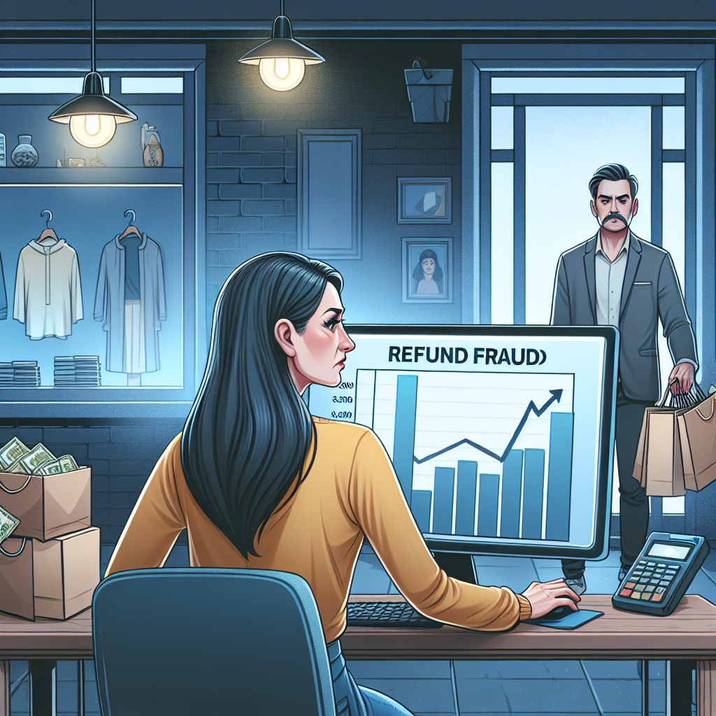 Woman analyzing refund fraud statistics on computer screen, with financial data graph and man entering carrying shopping bags, in a retail environment highlighting the impact of refund scams on businesses.