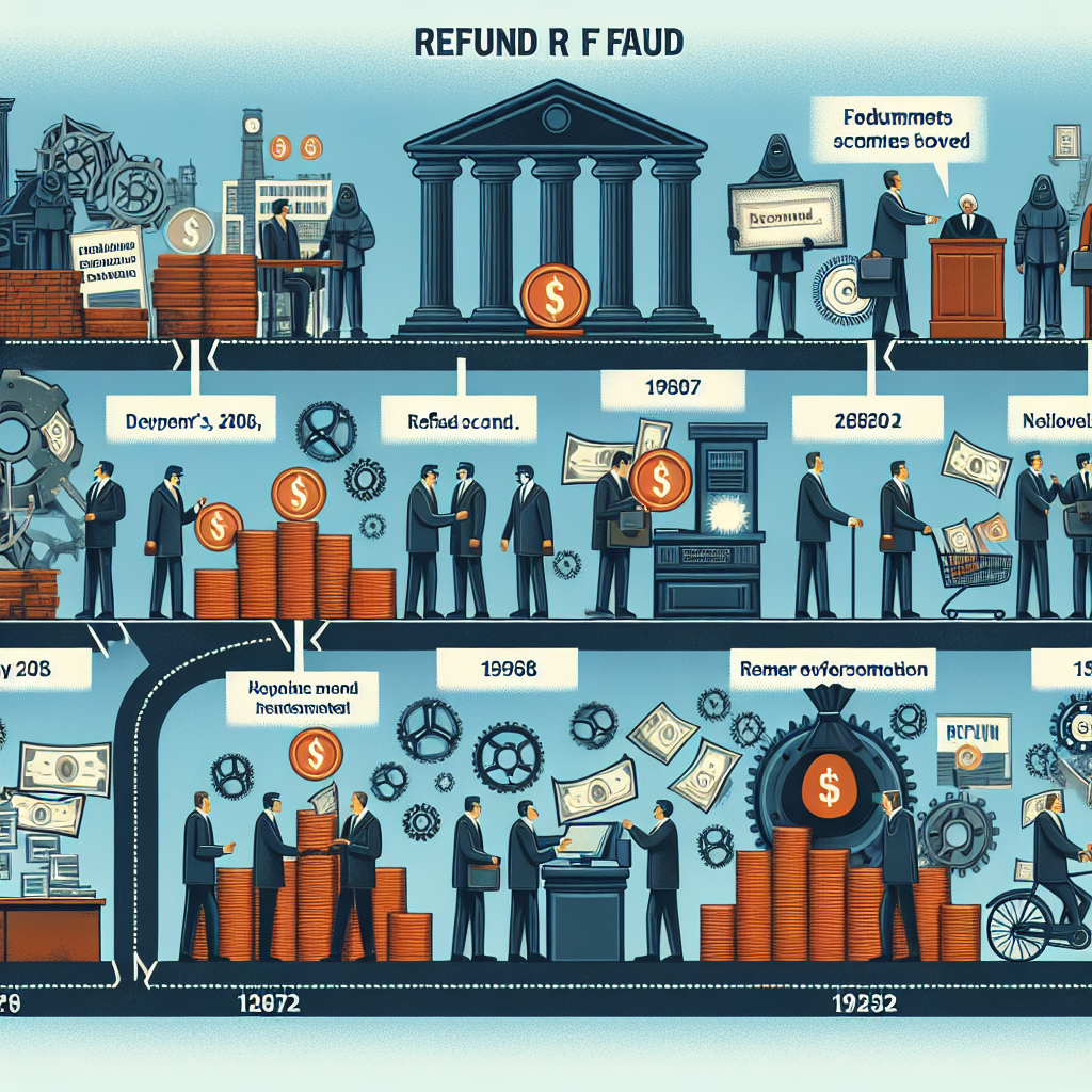 Infographic illustrating the evolution of refund fraud, featuring various scenes of fraudulent activities, dollar symbols, and key dates highlighting the tactics used by scammers in e-commerce and chargeback fraud.