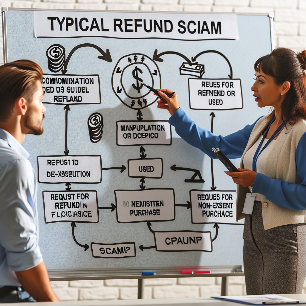 Woman explaining a flowchart titled "Typical Refund Scam" detailing tactics used by scammers, including manipulation and refund requests for non-existent purchases, with a man observing.