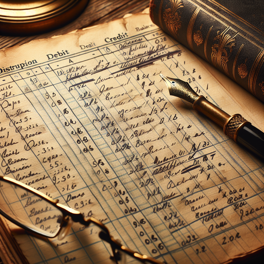 Antique ledger with handwritten financial entries, fountain pen, and reading glasses, symbolizing meticulous record-keeping in the context of refund fraud prevention strategies.