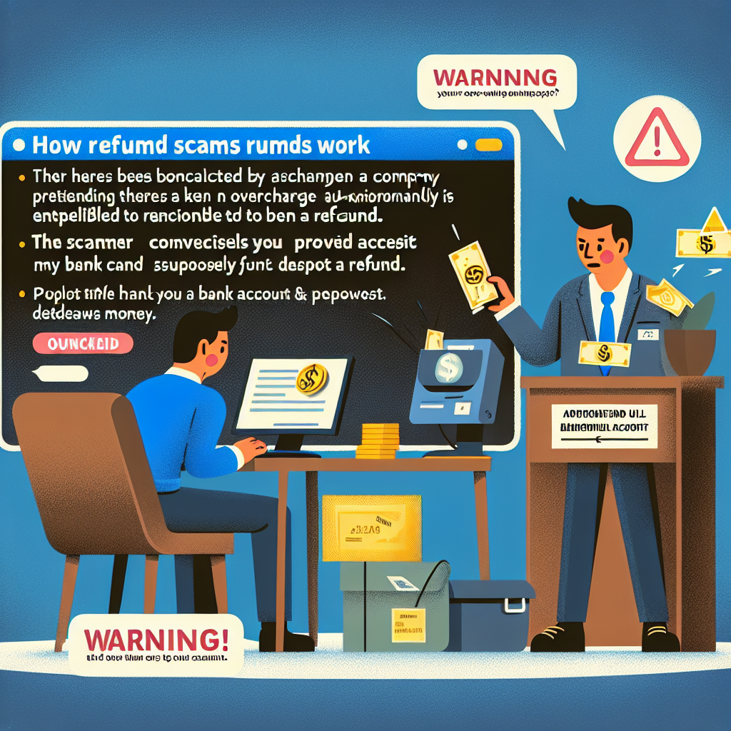 Illustration depicting a refund scam scenario, featuring a man at a computer receiving a fake refund request from a scammer, with money and warning signs, highlighting tactics used in refund fraud.