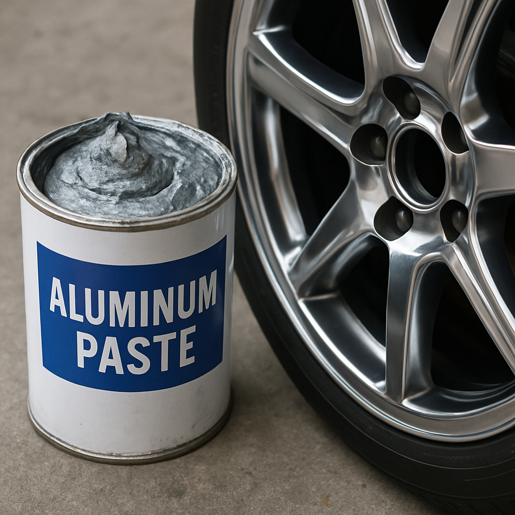 Image showing a container of aluminum paste next to a polished car rim