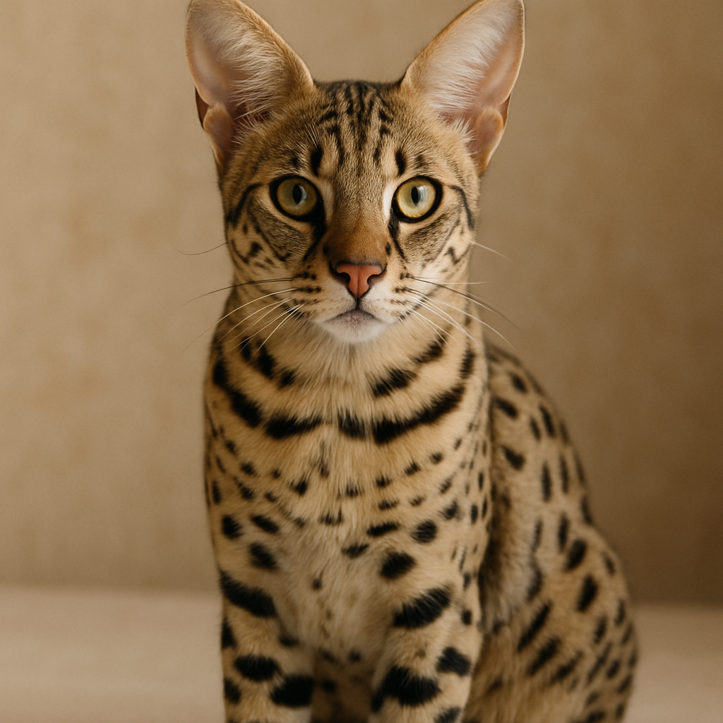 A striking Savannah Cat with large ears and a spotted coat