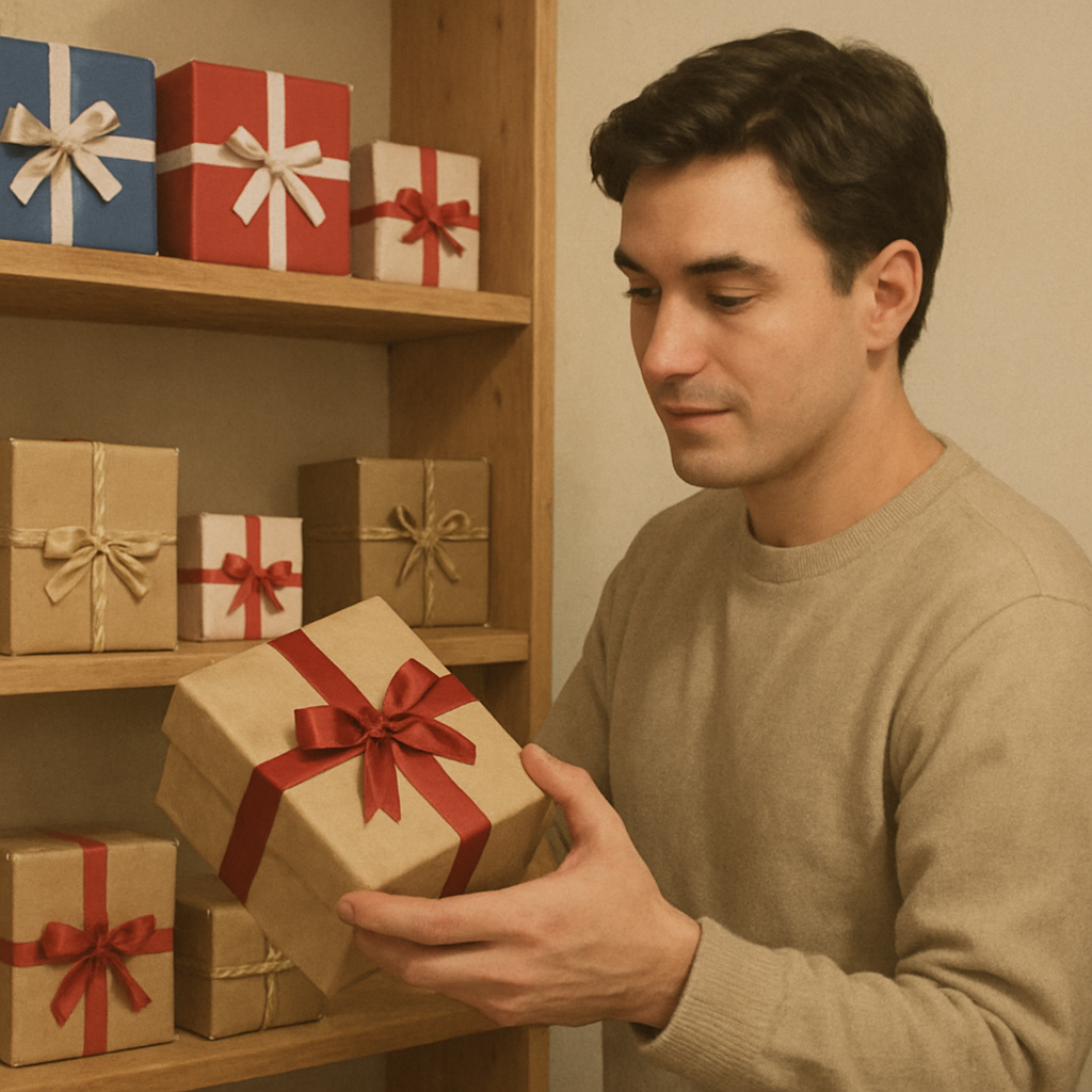 Person carefully selecting a gift from a shelf