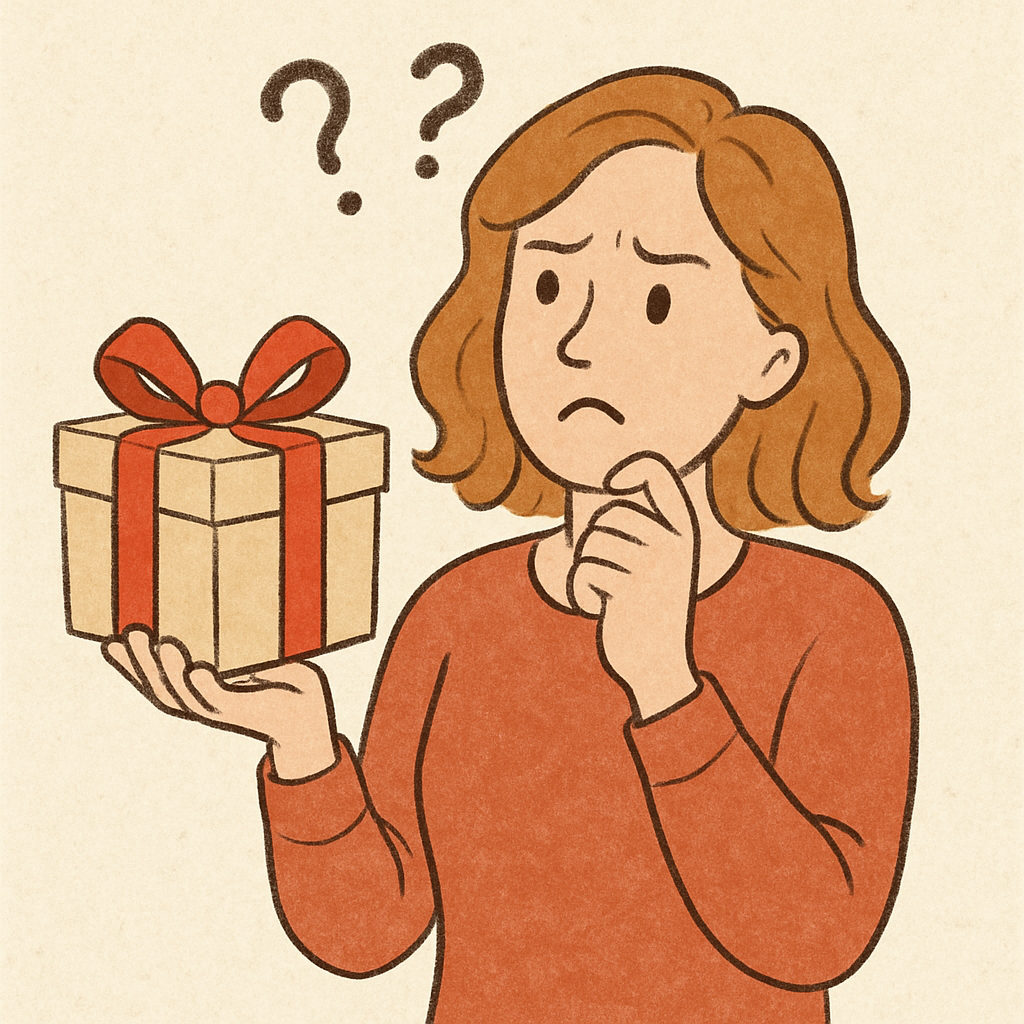 Confused woman trying to decide on a gift