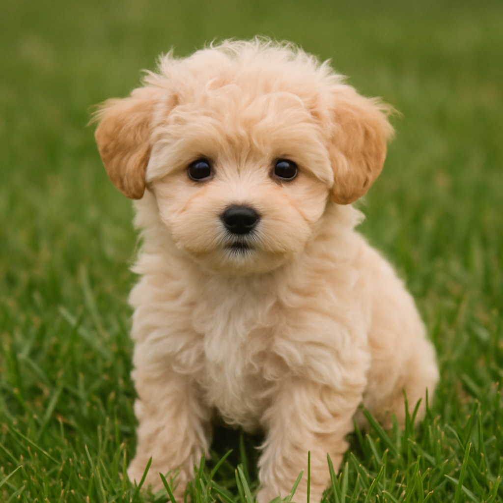 Adorable Maltipoo puppy sitting in grass