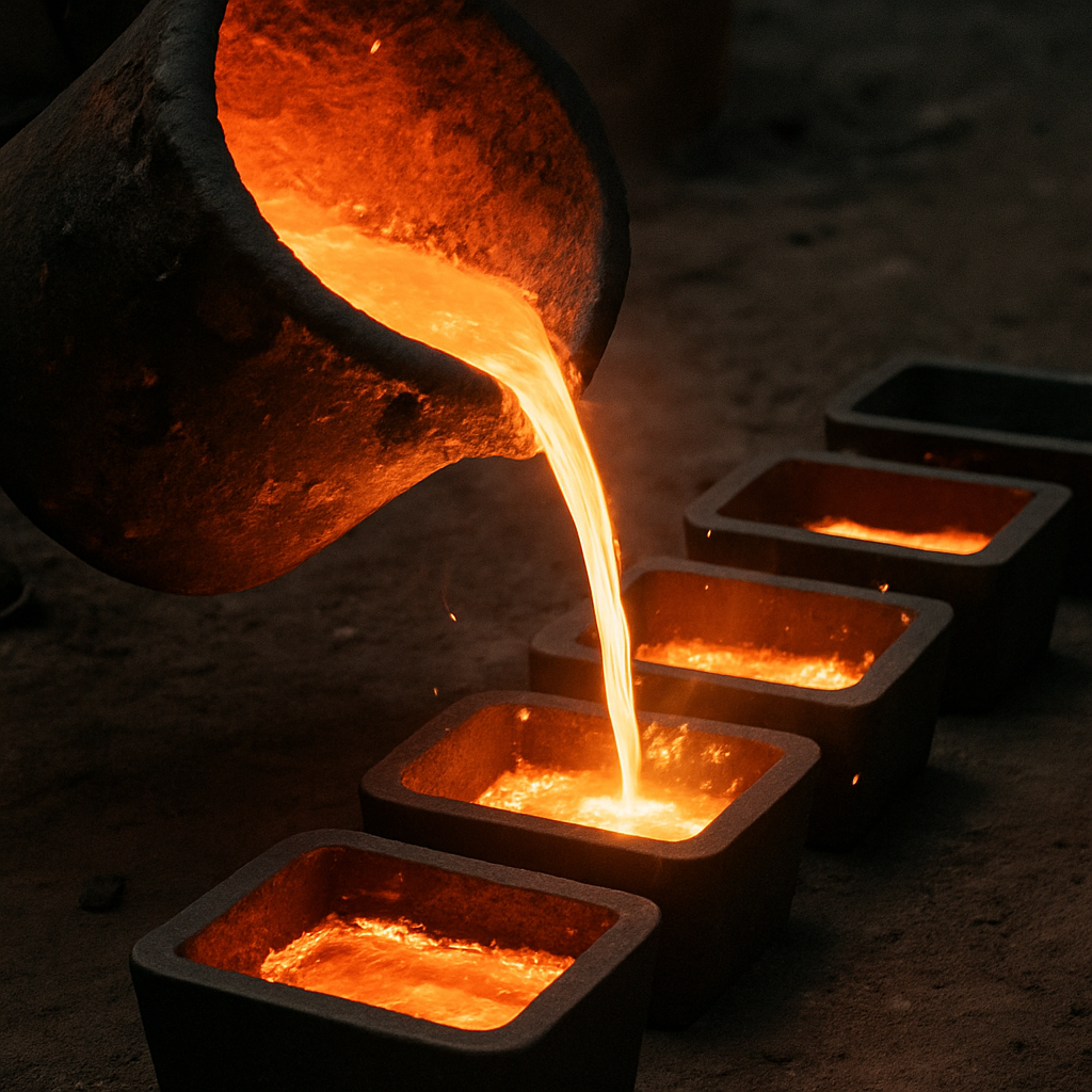 Molten copper being poured into molds