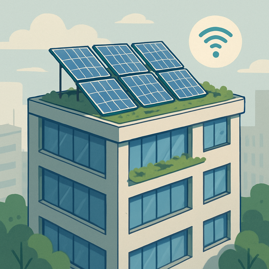 Smart building with solar panels and green roof