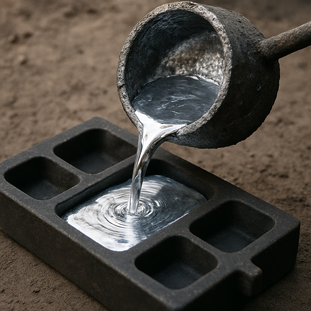 Molten lead alloy being poured into a mold