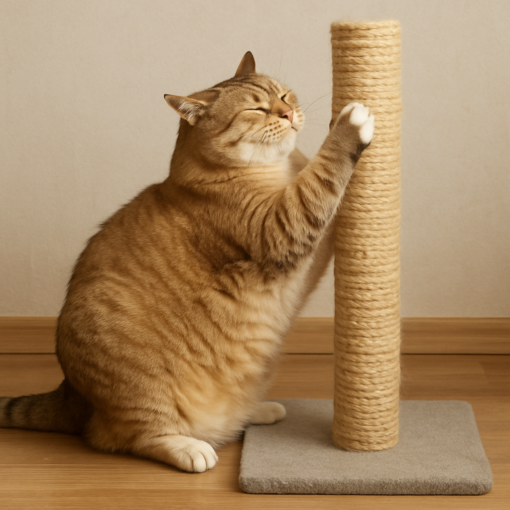 Large cat using a scratching post