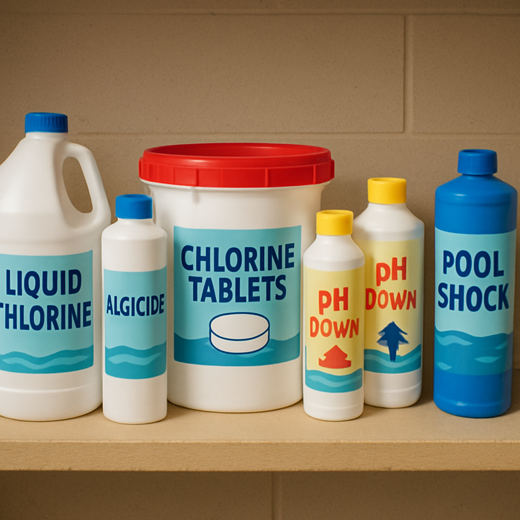 A variety of pool chemicals displayed on a shelf