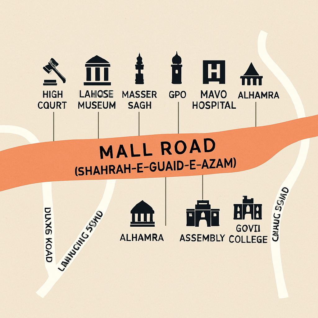 Map of Mall Road Lahore with key locations