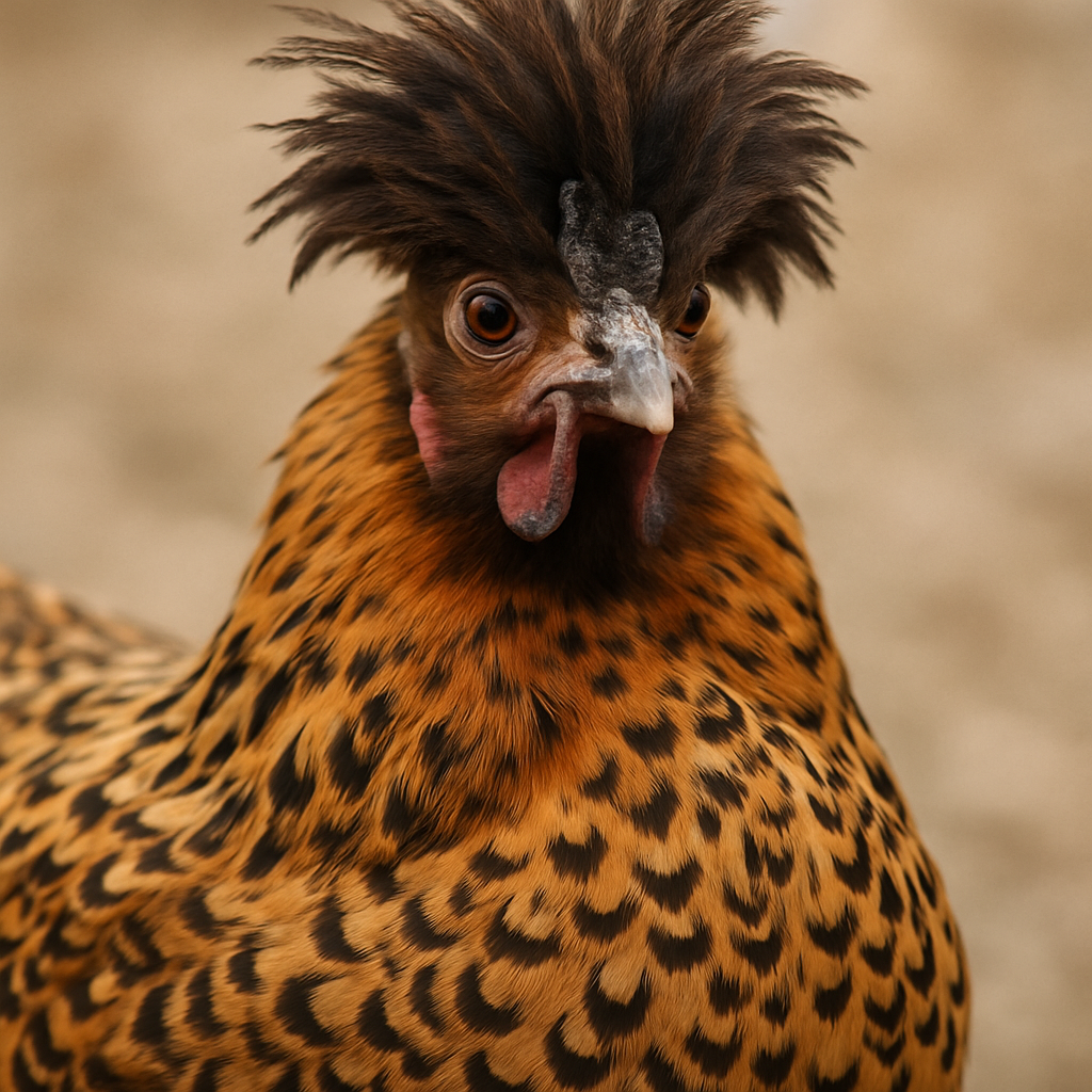 Close-up of Pavlovskaya chicken's plumage and crest