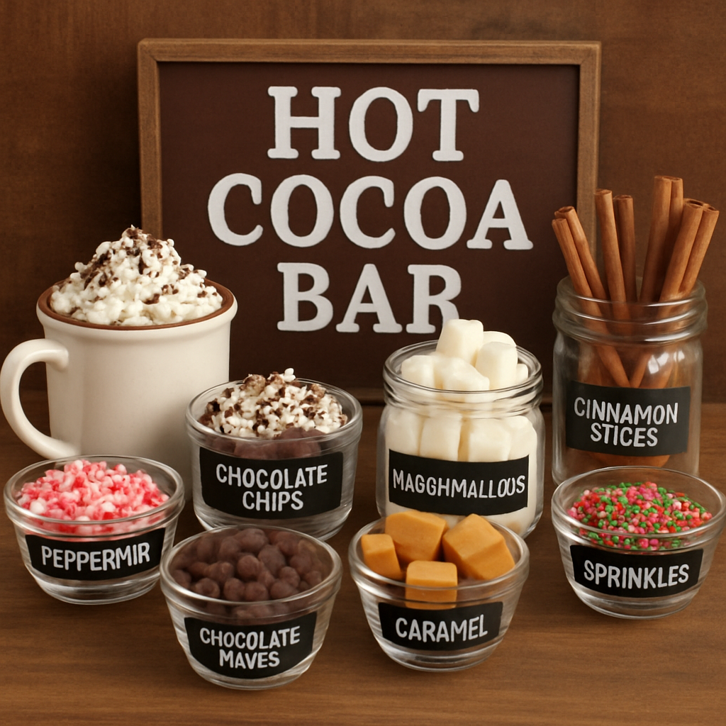 A hot cocoa bar with a variety of toppings and mix-ins