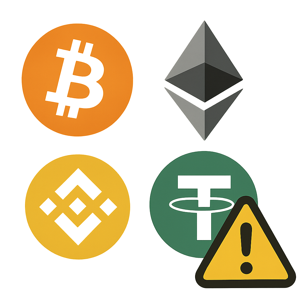 Cryptocurrency symbols with a warning sign