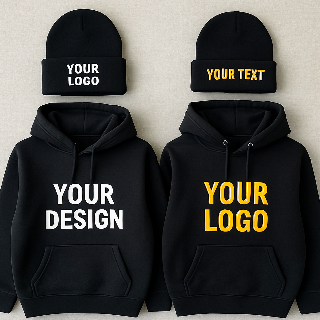 Image of customized hoodies and beanies