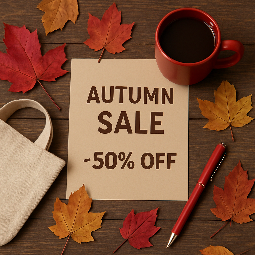 Image of autumn leaves and promotional items