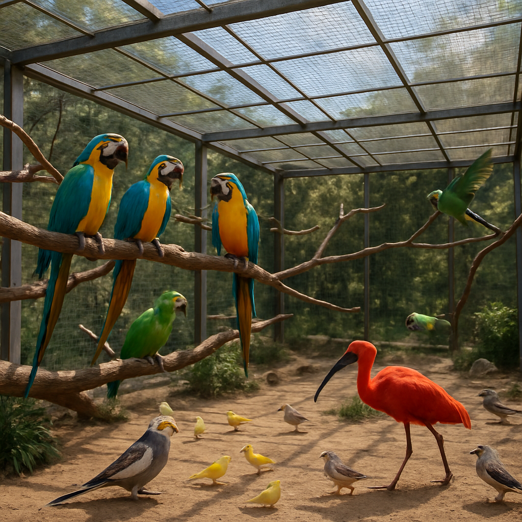 Birds enjoying in a spacious aviary