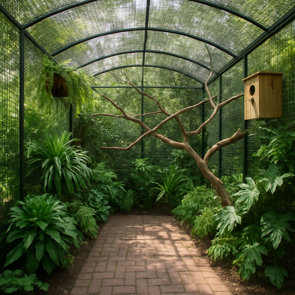 Custom designed aviary with lush greenery