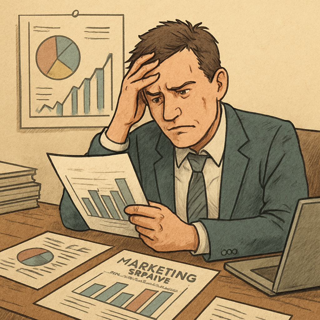 A frustrated business owner looking at marketing reports
