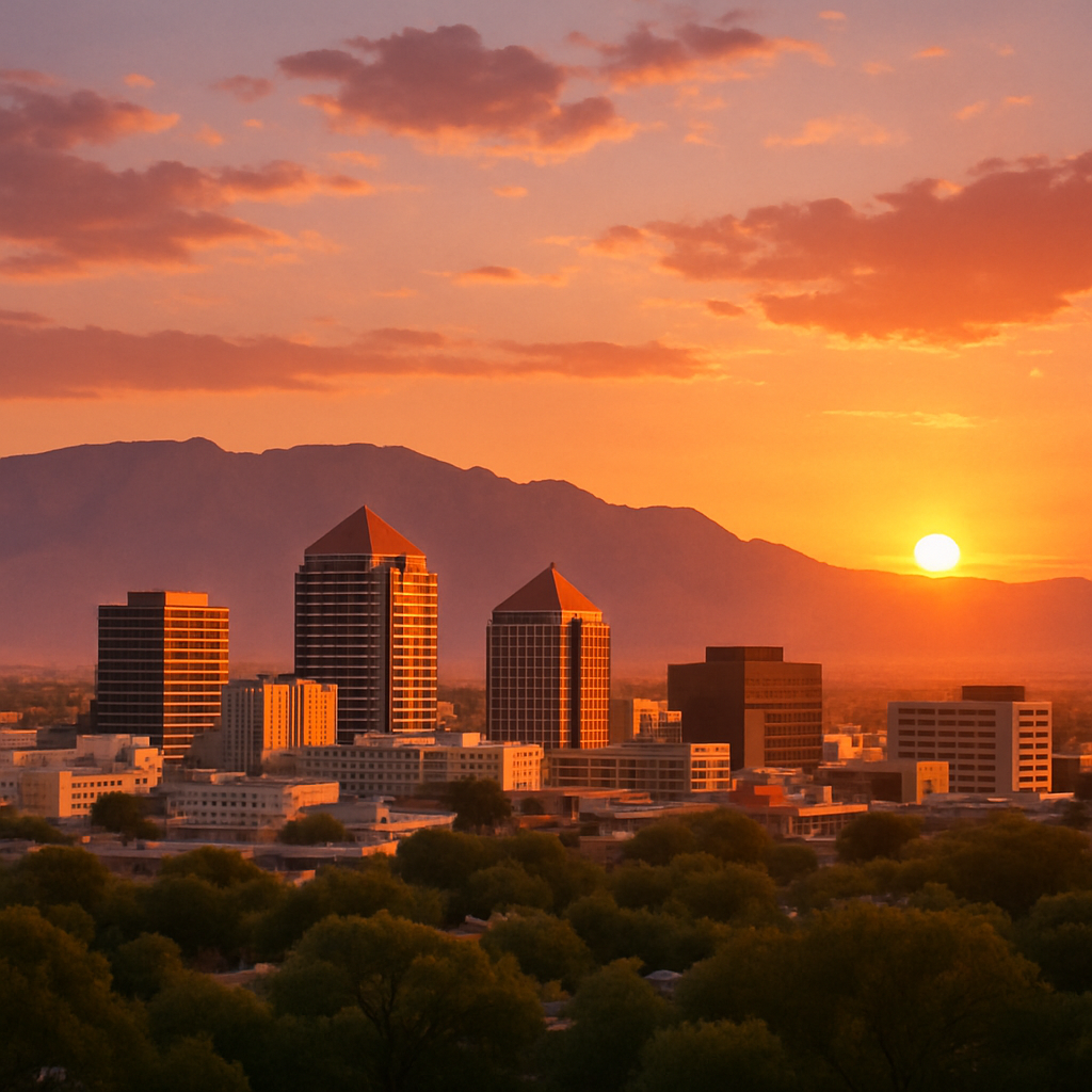 Albuquerque city skyline at sunset