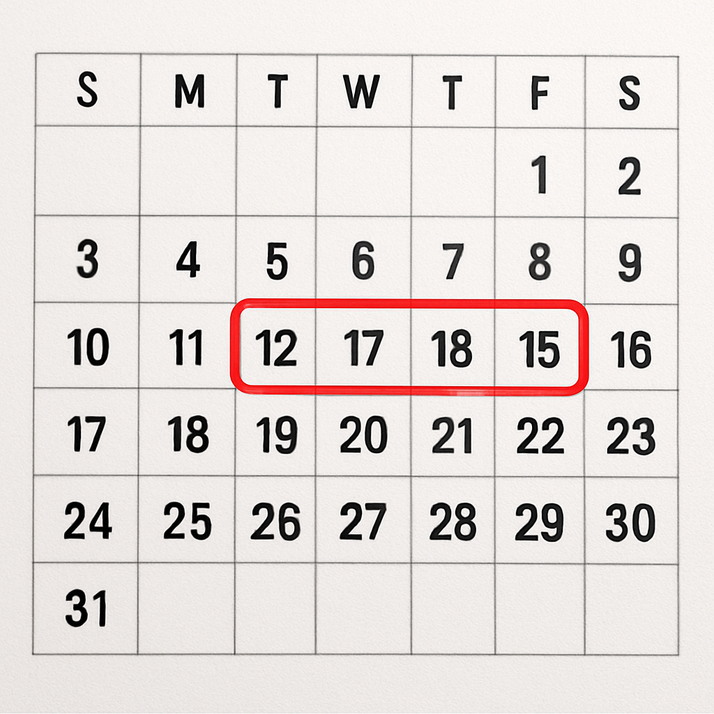 Calendar with 72-hour window marked