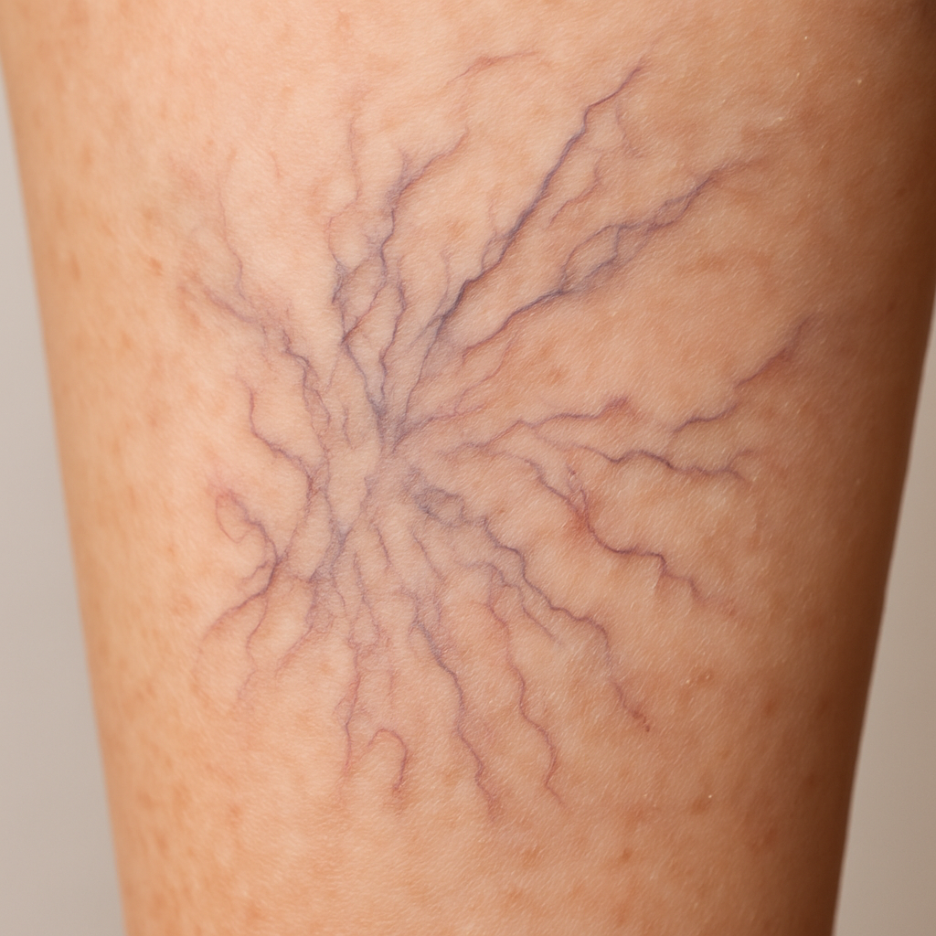 Close-up of spider veins on a leg