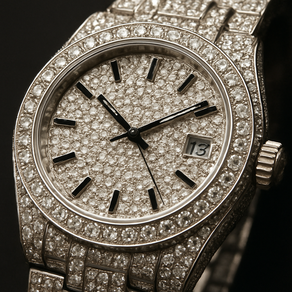 Close-up of an iced out watch with diamonds