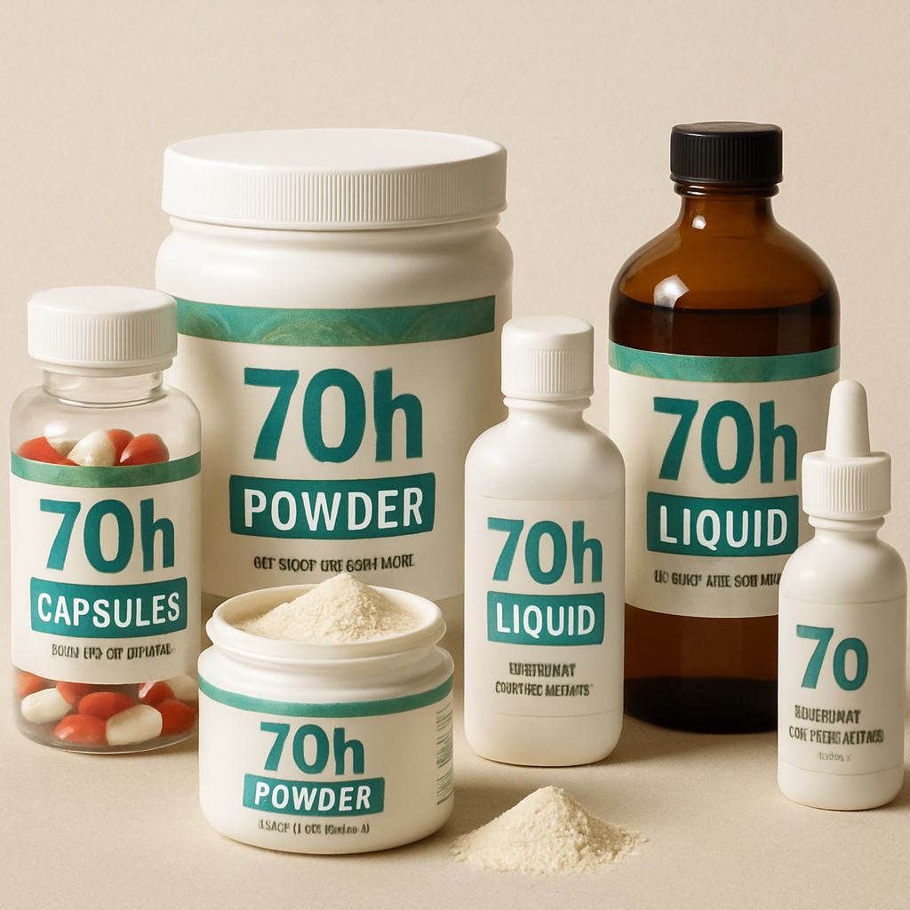 A range of 7Oh products in different forms such as capsules, powder, and liquid
