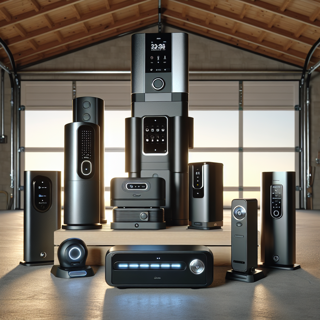 Various modern garage door openers featuring smart technology and safety features, including digital displays and sensors, arranged on a platform in a garage setting.