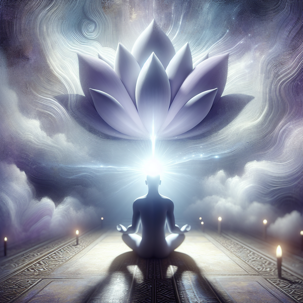 The back of the man sitting in the lotus pose facing the portrayal of the purple floating crown chakra. Purple clouds envelop the chakra.