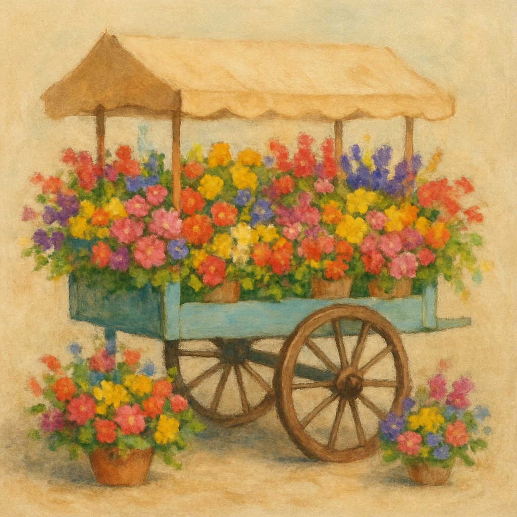 A charming flower cart filled with vibrant blooms