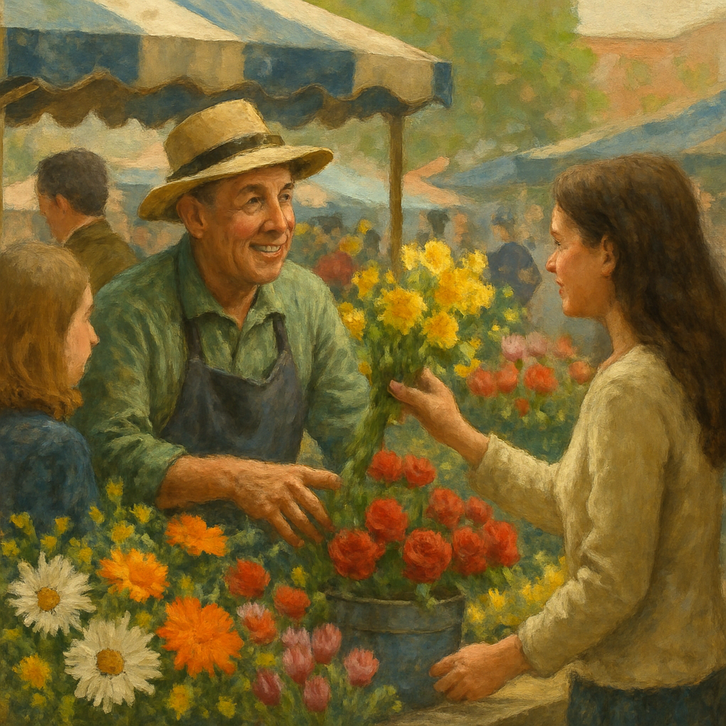 Flower vendor engaging with customers at a local market