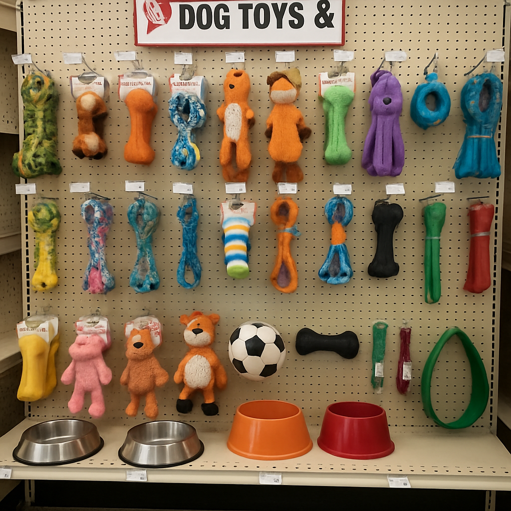 Selection of dog toys and accessories at a Tractor Supply store