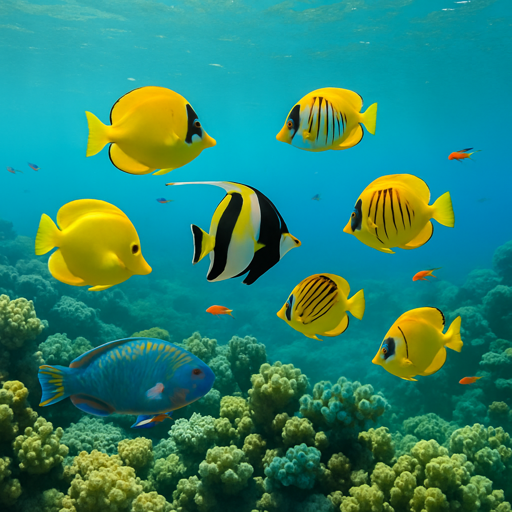 Colorful fish swimming near coral reefs at Molokini Crater