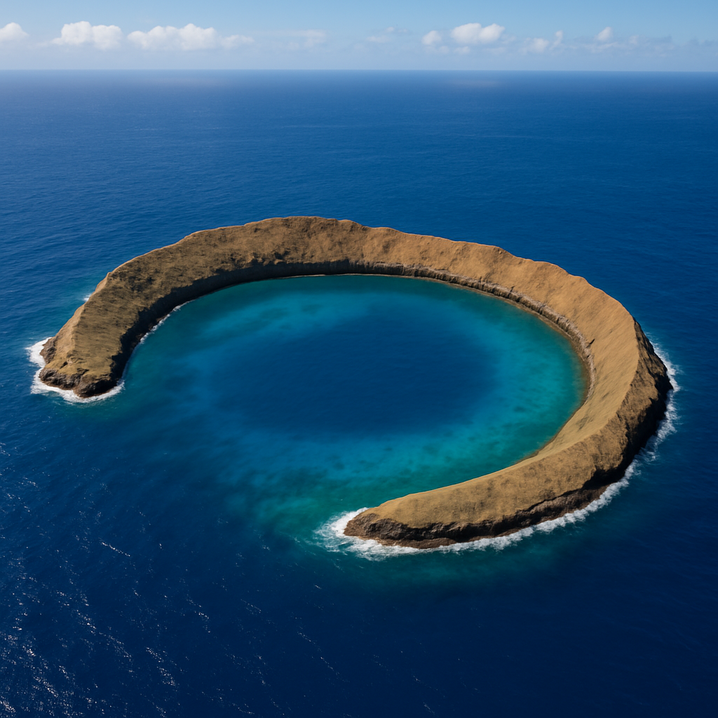 Aerial view of Molokini Crater with clear blue waters and surrounding ocean