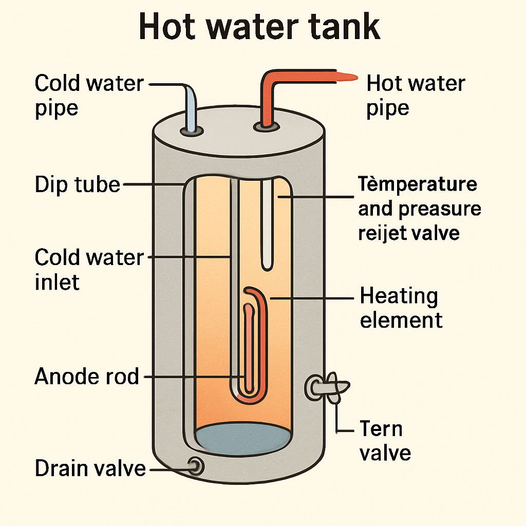 Diagram of a hot water tank components