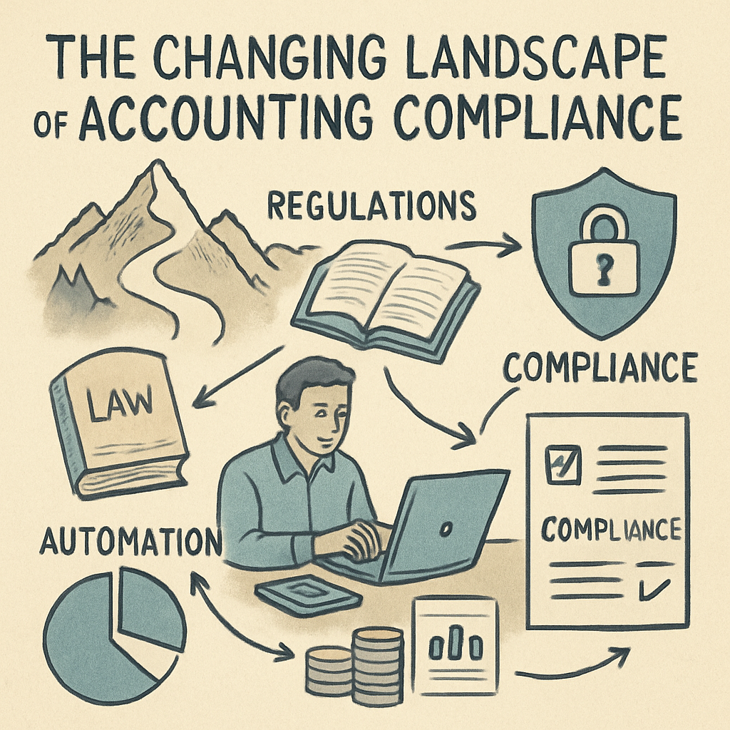 An illustration showing the changing landscape of accounting compliance with various elements such as regulations and data security.