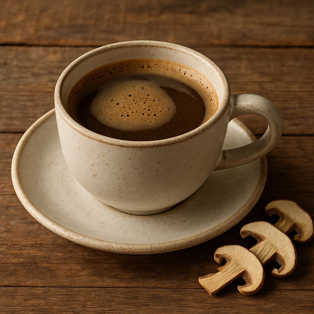 A cup of mushroom coffee on a rustic wooden table