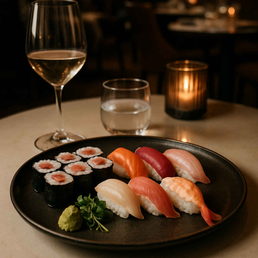 Elegant sushi presentation in a luxury Stockholm restaurant