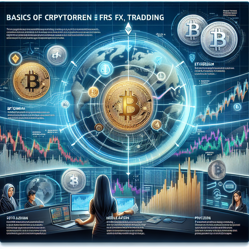 Visual representation of Crypto FX trading, featuring a central Bitcoin symbol, various cryptocurrency icons, and market trend graphs, illustrating the basics of cryptocurrency trading and its global context.