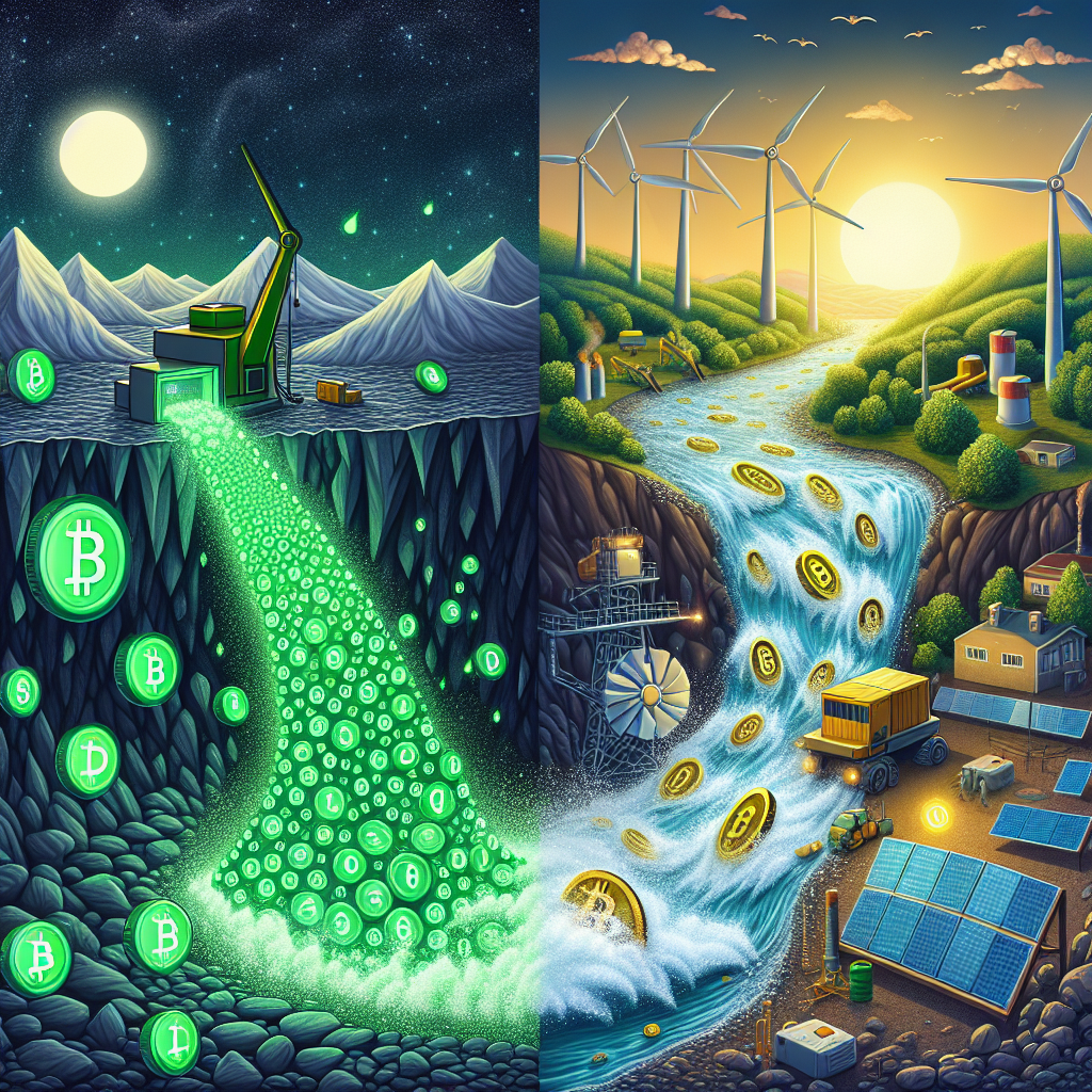Crypto mining illustration depicting traditional mining with digital coins flowing from a mine on the left, transitioning to renewable energy sources like wind turbines and solar panels on the right, symbolizing sustainability in crypto FX mining.