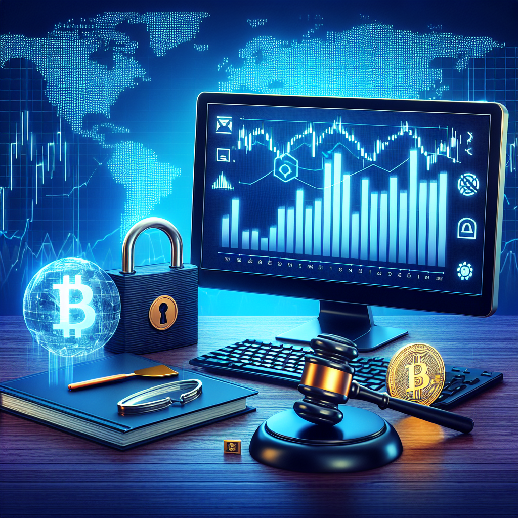 Computer monitor displaying cryptocurrency market data, Bitcoin symbol, padlock representing security, gavel symbolizing regulation, and legal documents on a desk, illustrating risk management and security in Crypto FX trading.