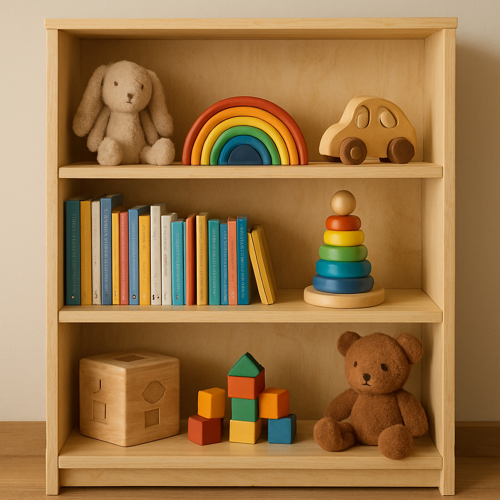 Plywood bookshelf with toys and books