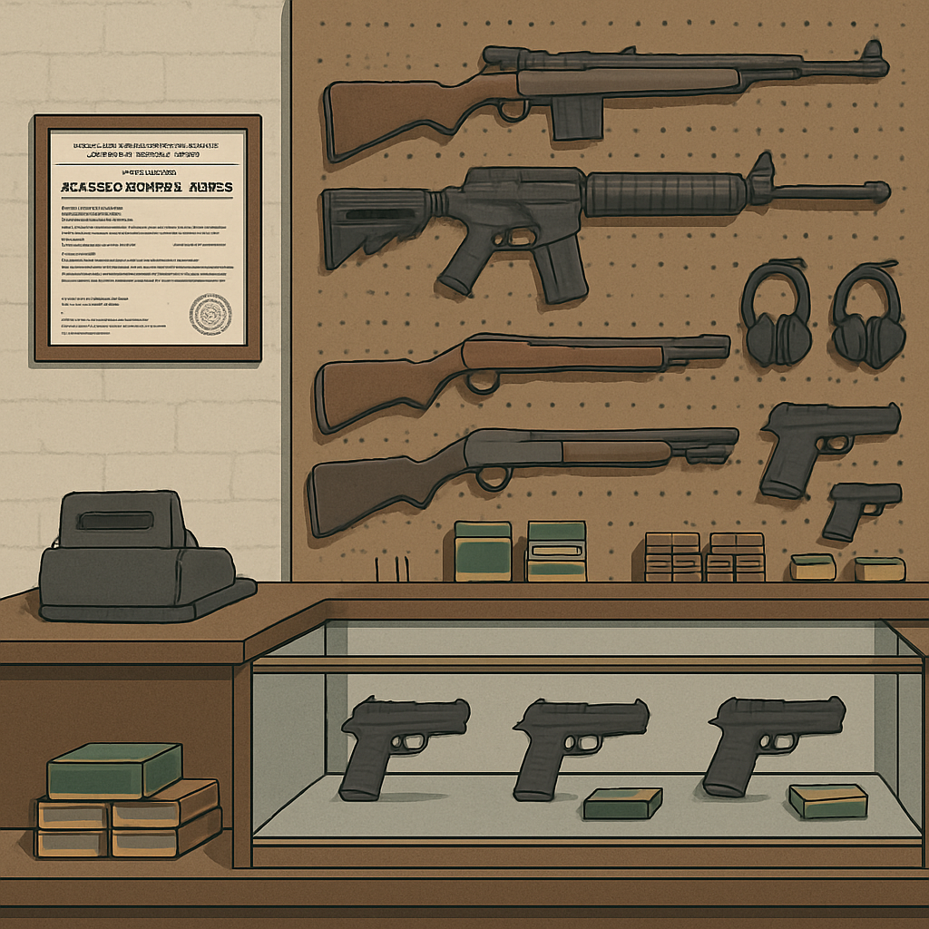 Illustration of a gun shop displaying its FFL