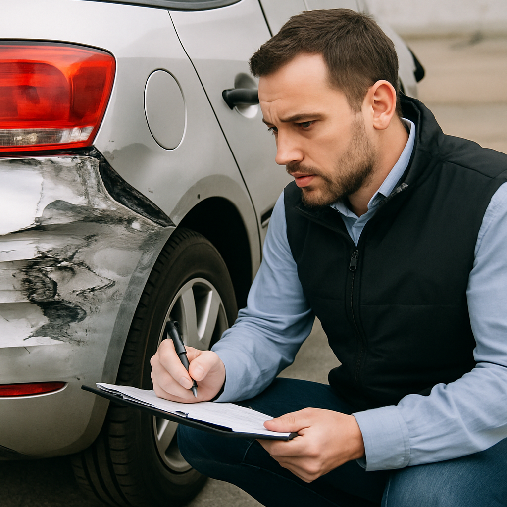 Ein Kfz-Gutachter bei der Arbeit, der die Schäden an einem Fahrzeug dokumentiert.