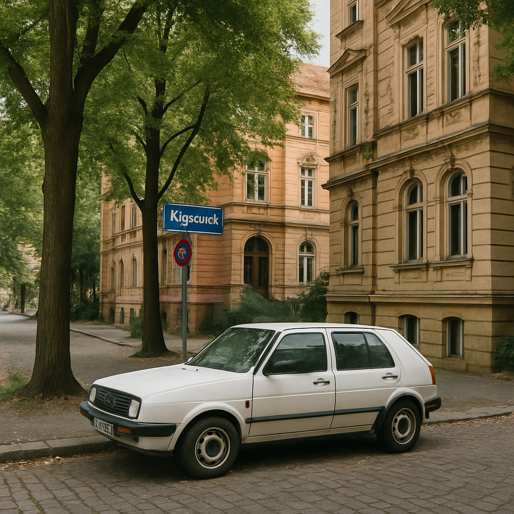 Ein Auto, das an einer Straßenecke in Berlin Köpenick geparkt ist, umgeben von Bäumen und historischen Gebäuden.