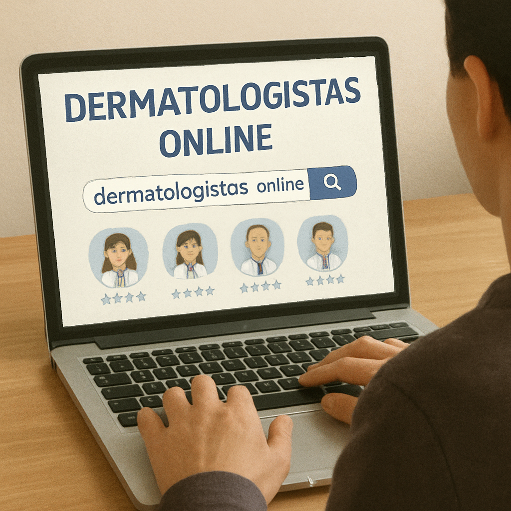 Pessoa usando um laptop para procurar dermatologistas online
