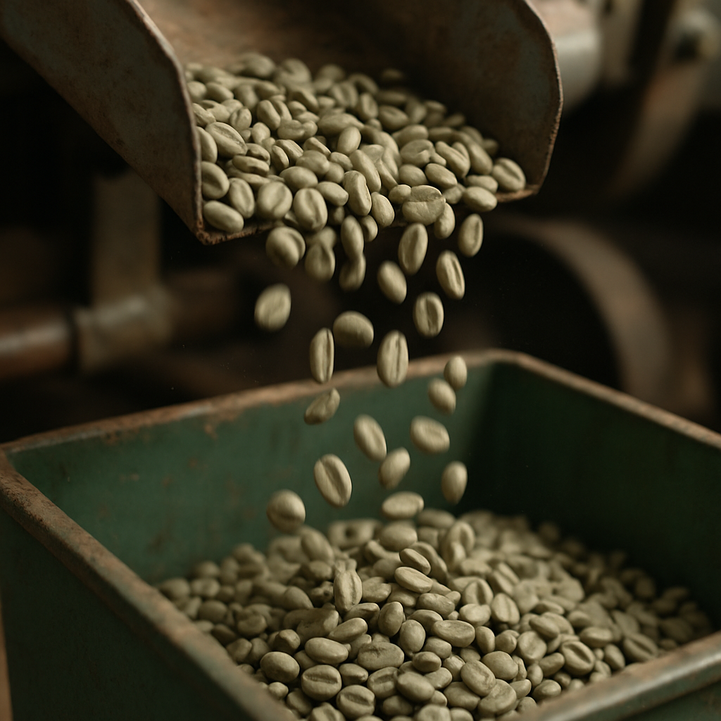 Green coffee beans being processed