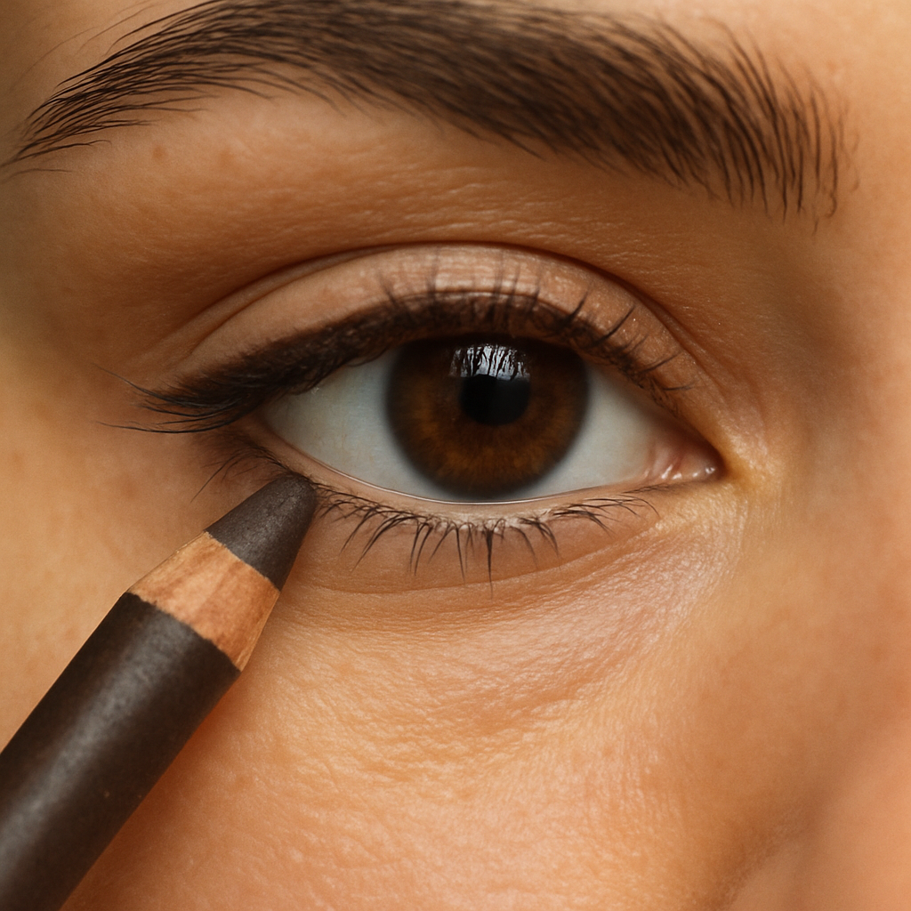 Close-up of brown eye pencil application